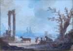 Dans le goût d'Hubert Robert 
Paysage aux vaches

Gouache.

Haut. 10,5 Larg....