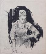 Félix Barrias (1822-1907) 
Femme au bonnet

Encre et fusain. 
Signé en...