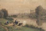 Attribué à Charles François Daubigny(1817-1878) 
Lavandières près de la rivière

Toile
Porte...