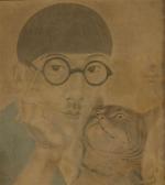 Léonard FOUJITA (1886-1959)Autoportrait au chat.Épreuve en couleurs, signée en français...