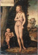 Lucas CRANACH.
(Kronach, 1472 -Weimar, 1553).
Vénus et l'Amour voleur de miel....