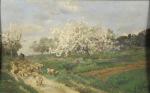 DEFAUX  Alexandre (1826 - 1900)Pommiers en fleurs aux moutons.Huile...