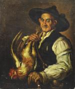 TORRES. S. (début XXème) 
Portrait d'homme tenant un coq. 
Huile...