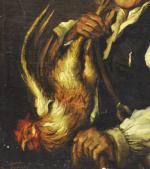 TORRES. S. (début XXème) 
Portrait d'homme tenant un coq. 
Huile...