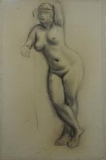 BRECKER Arnod (1900-1991).Nu féminin debout, jambes croisées, bras gauche relevé....