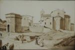 FLACHERON Alexandre Pyrrhus (?-1841).Vue d'un village fortifié.Lavis d'encre brune, portant...