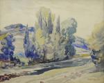 Anatole DEVARENNE (1880-1954).Colline et arbres au bord d'une rivière.Aquarelle signée...