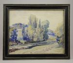 Anatole DEVARENNE (1880-1954).Colline et arbres au bord d'une rivière.Aquarelle signée...