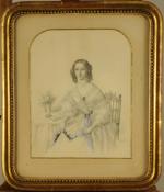 École FRANÇAISE du XIXème.Portrait de jeune fille au ruban bleu.Crayon...