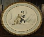 Louis ICART (1888-1950).Femme et son chien.Estampe de forme ovale en...
