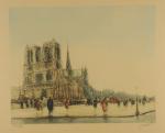 L. PARISOT (XXème)."Notre-Dame de Paris". Estampe en couleurs, signée et...