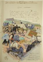 Mathurin Méheut (1882-1958). "Lettre au campement militaire", encre et aquarelle.L.A.S.,...