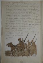 Mathurin Méheut (1882-1958). "Lettre aux cavaliers", aquarelle.L.A.S., aux armées, 29...