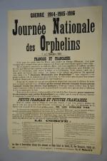 "Guerre 14-15-16- Journée Nationale des Orphelins".Affiche imprimée par Le Papier,...