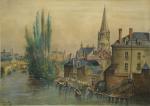 LOISEAU (XIXe).Vendôme, bords du Loir, les lavandières.Aquarelle gouachée, signée en...