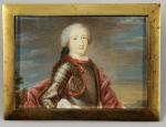 École FRANÇAISE DU XVIIIe.Portrait d'homme en armure, miniature.Gouache.4,6 x 6,4...