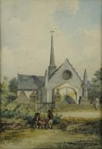 DOUILLARD (XIX-XXème)Conversation devant un calvaire et une église bretonne.Aquarelle, située...